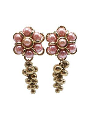 Vintage 1980s Pink Faux Pearl Gold-Tone Clip-On Earrings With Floral Dangle